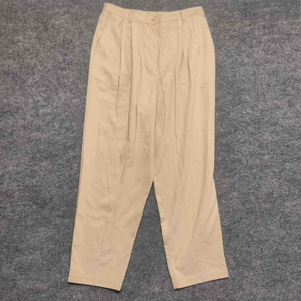 Sag Harbor Pants Womens 16 Beige Linen Rayon Pleated Dress Elastic Waist